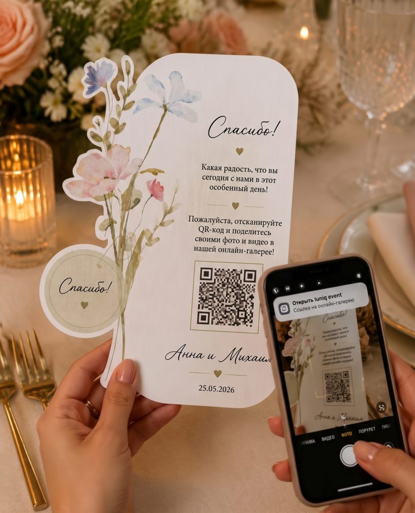 QR-карточка «Спасибо!» с акварельными цветами, Анна и Михаил