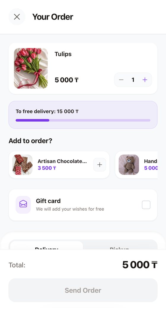 LUNIQ FLOW cart: bouquets, free delivery progress bar and add-ons