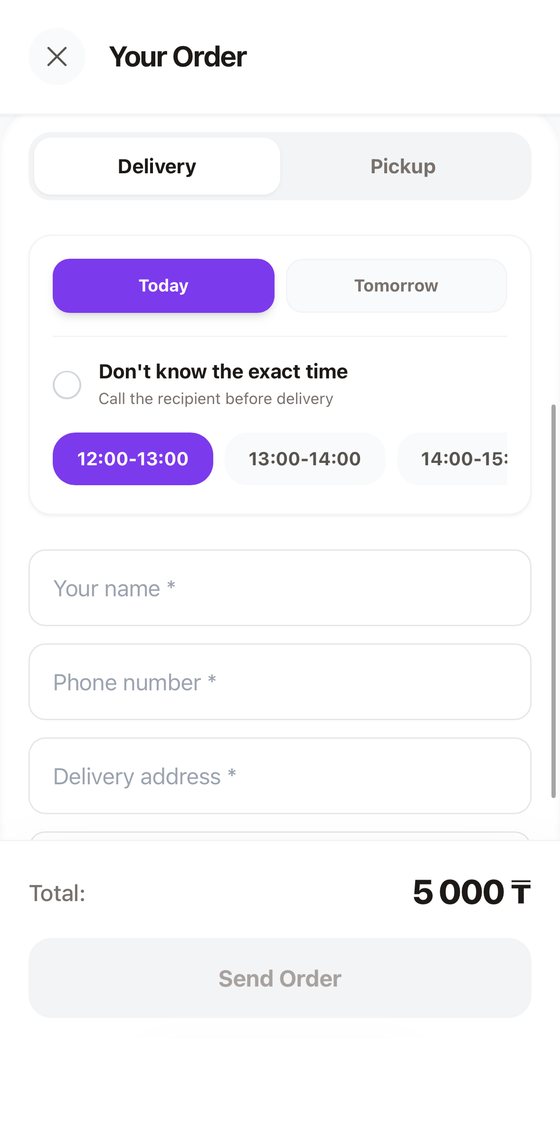 Choosing delivery or pickup, date and time in the LUNIQ FLOW cart