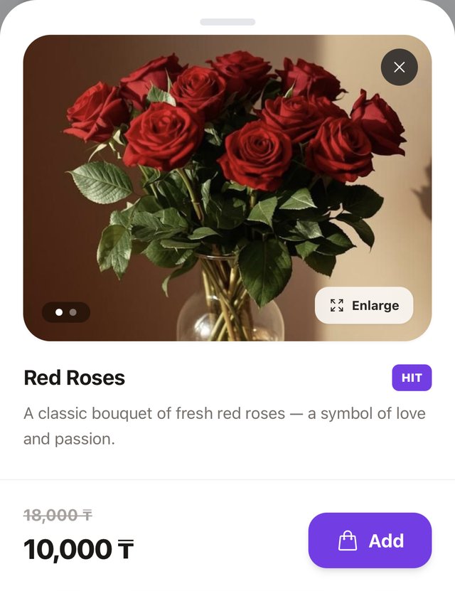 “Red Roses” product card in the LUNIQ FLOW online storefront: photo, 10 000 ₸ price and “Add” button