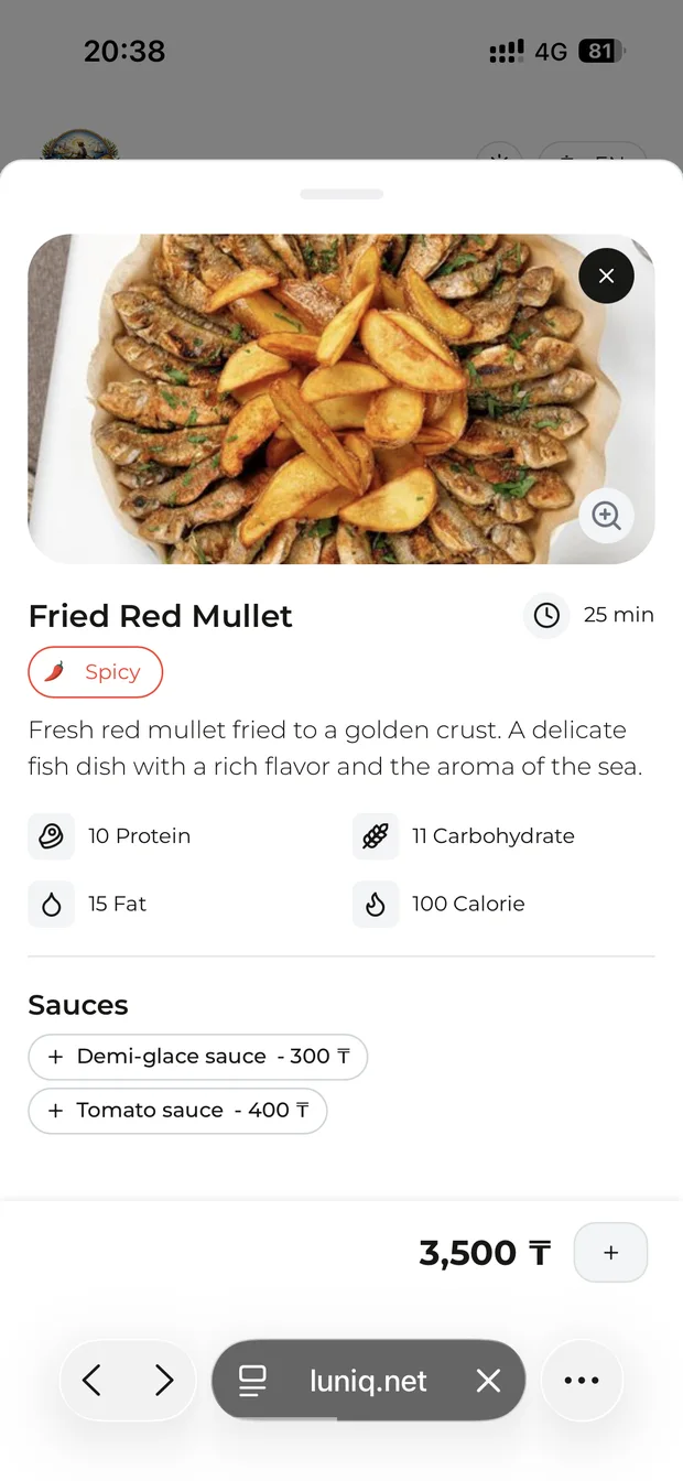 “Fried red mullet” card: “Spicy” tag, nutrition facts and priced sauces