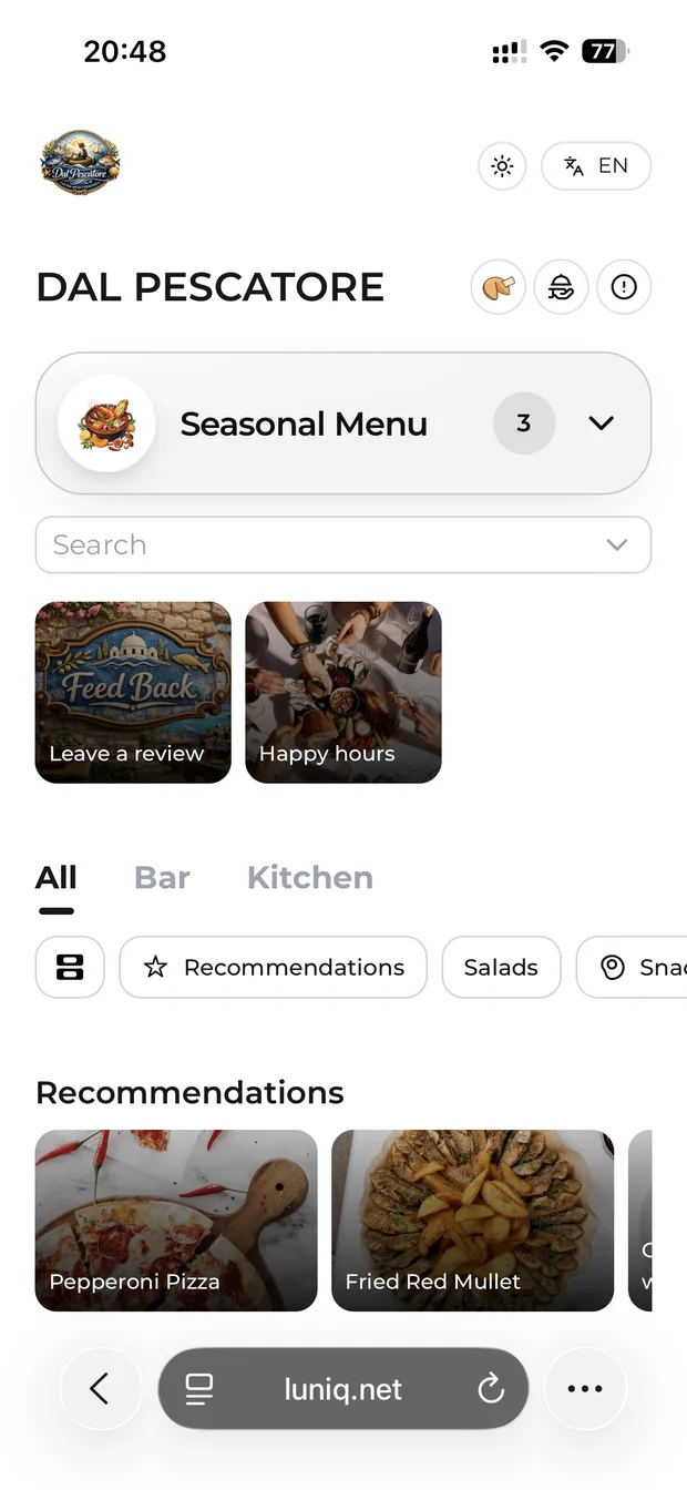 Dal Pescatore menu in light mode