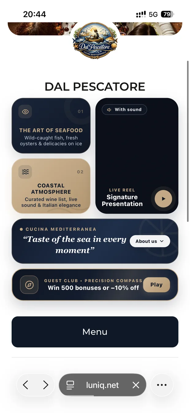 Dal Pescatore welcome page: cards, video, “Precision Compass” game