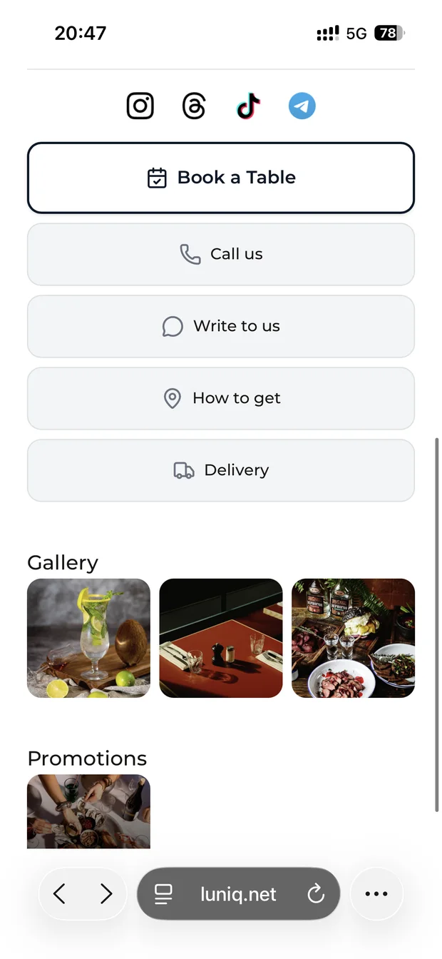 Welcome page: socials, table booking, call, directions, delivery, gallery