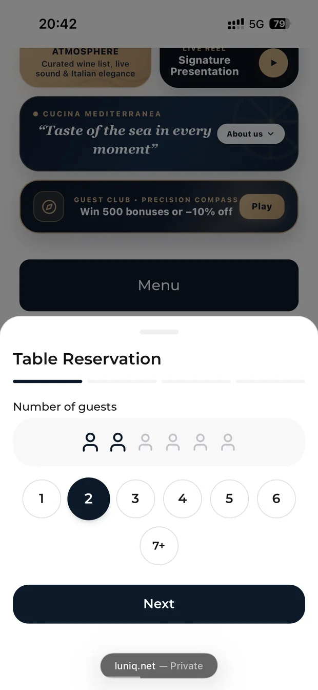 Table booking, step 1: party size