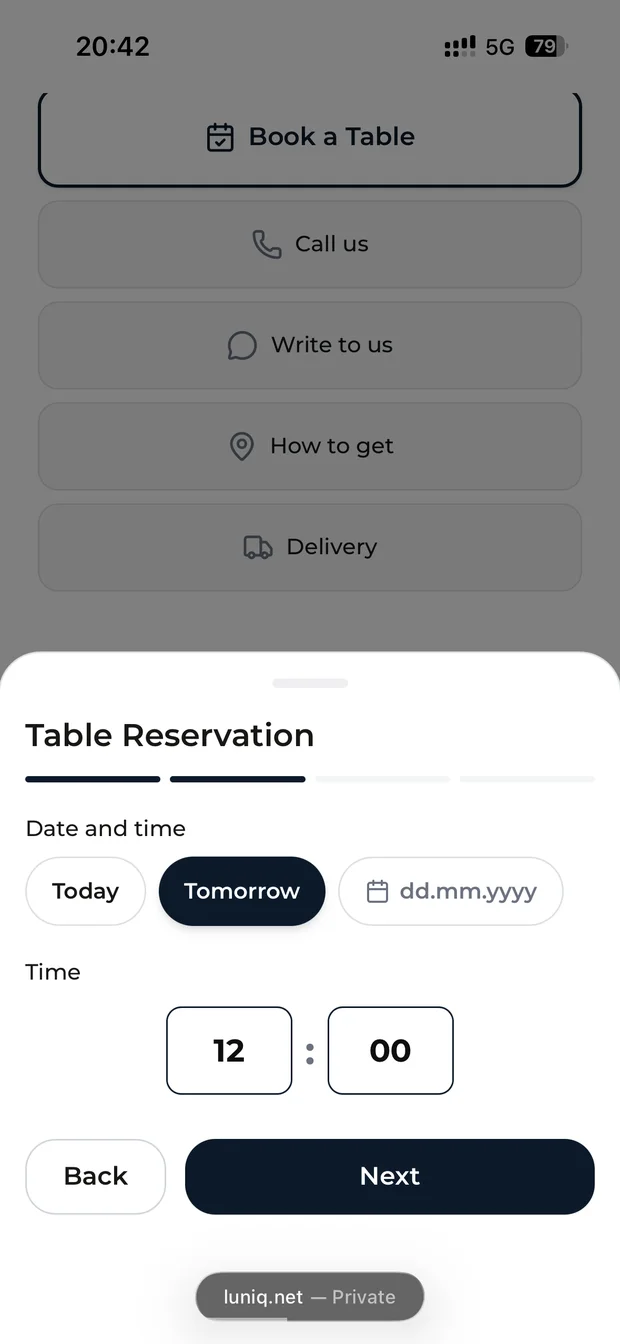 Table booking, step 2: date and time