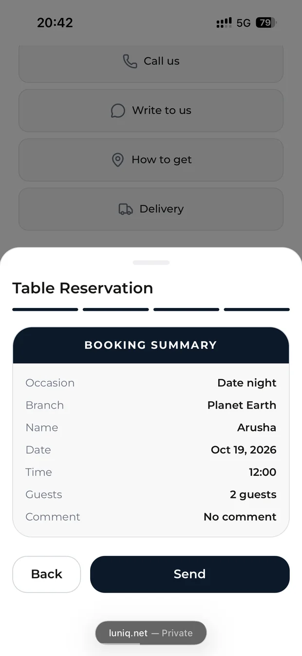 Table booking, step 4: booking summary