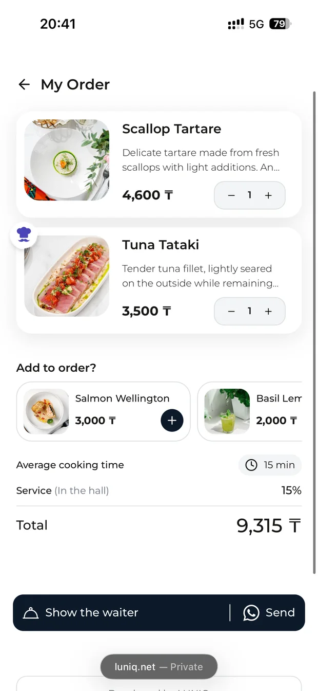 “My order” cart: tuna tataki, salad, “Add to your order?” block, total 6 900 ₸