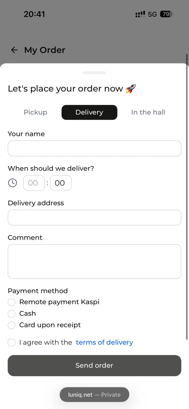 Delivery checkout: time, address, payment by Kaspi, cash or card