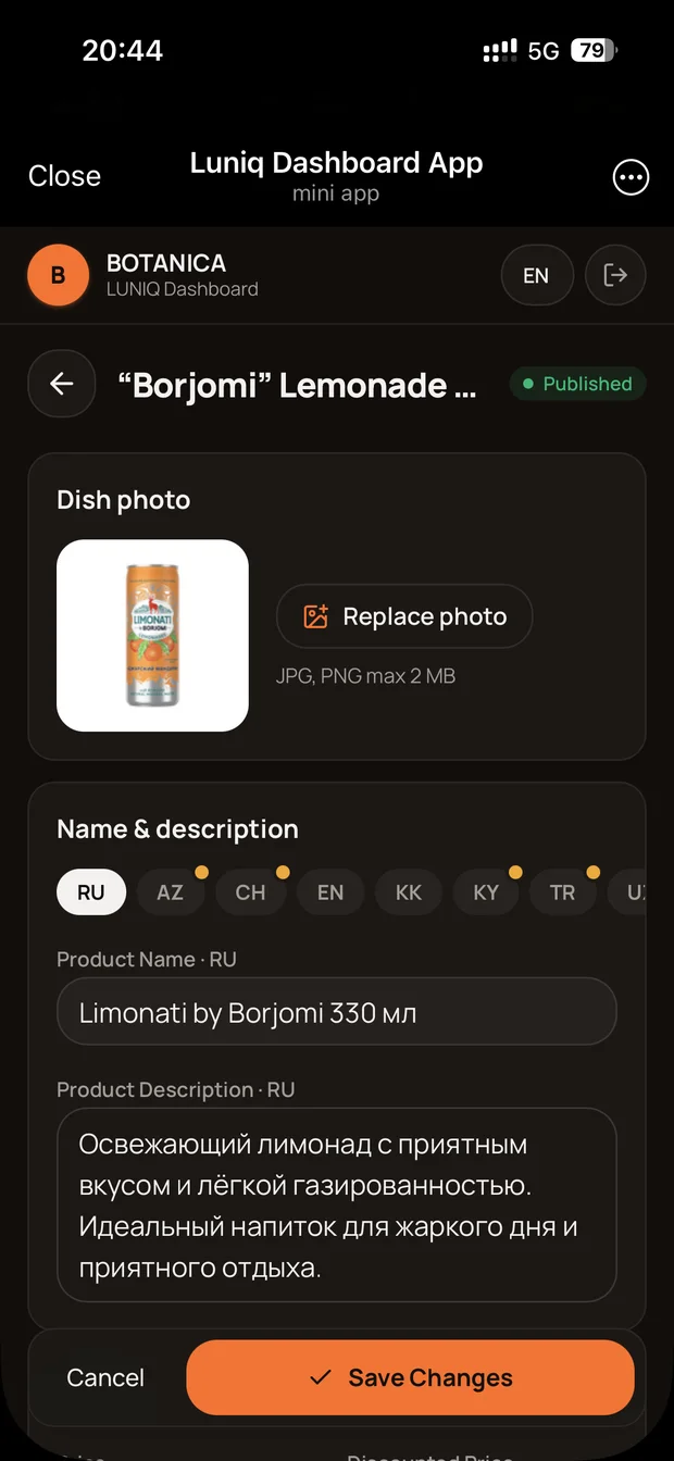 Editing a dish: photo, name and description in several languages