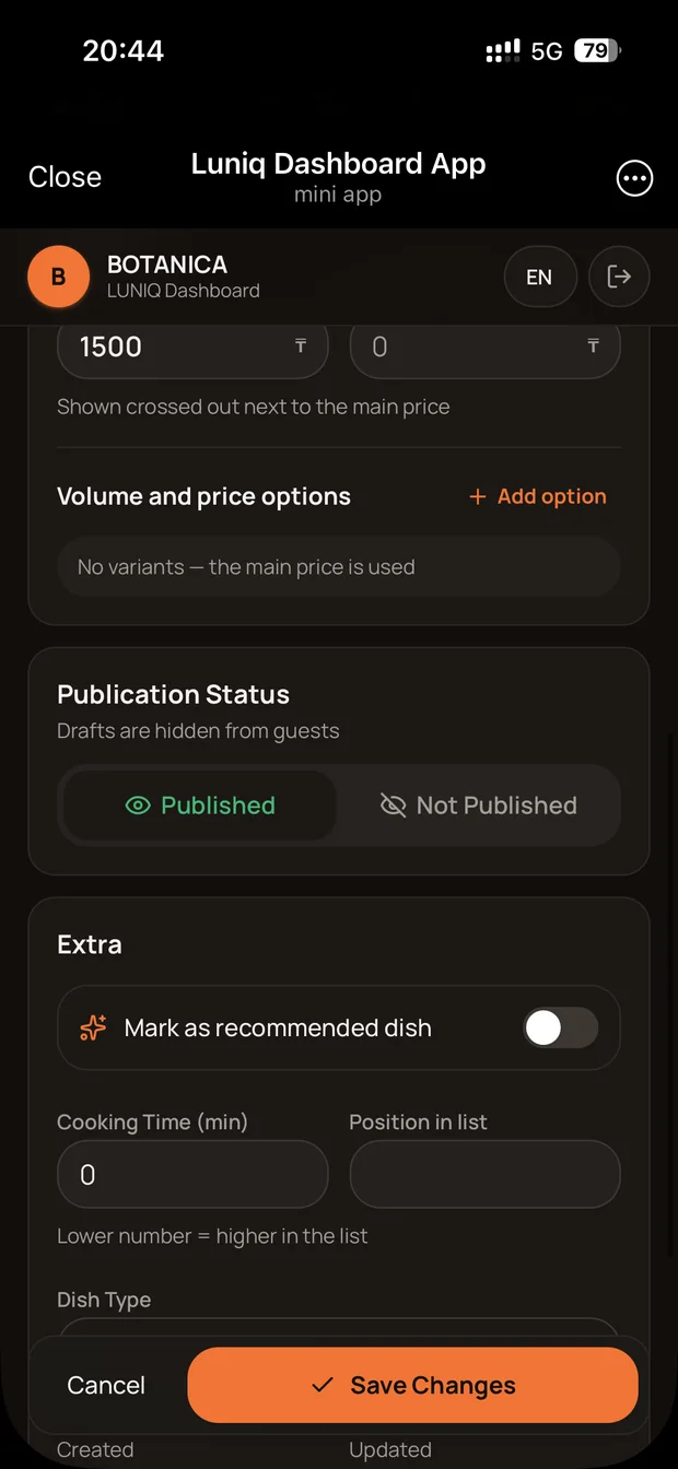 Publication status and the “recommended dish” toggle