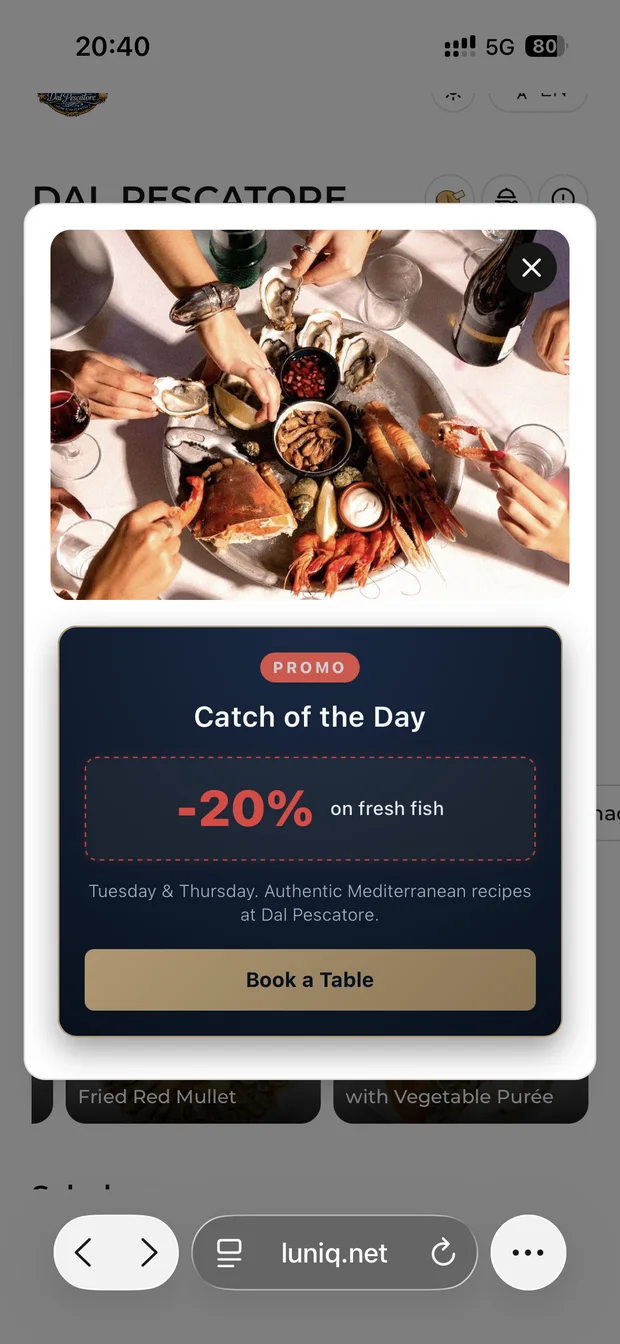 “Catch of the Day” promo: −20% on fresh fish, table booking button