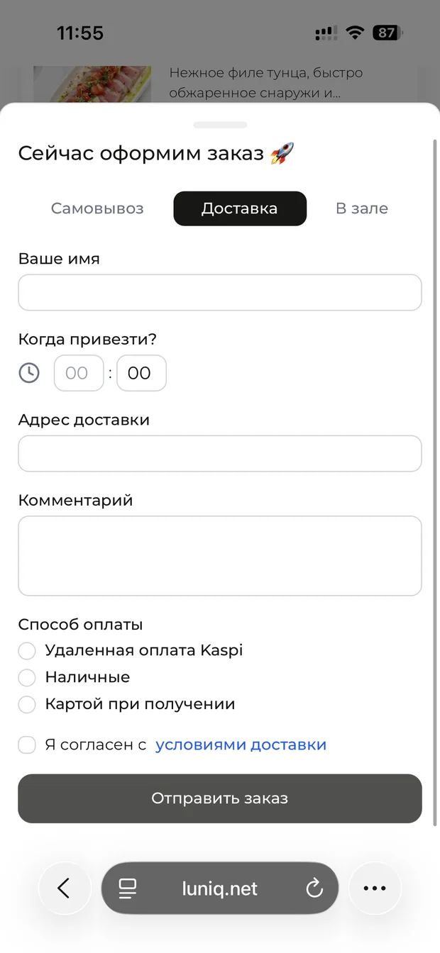 Оформление доставки: время, адрес, оплата Kaspi, наличными или картой